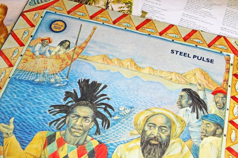 Closeup of isolated vinyl record album of conscious roots reggae band Steel Pulse