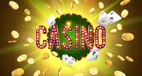 The word Casino, surrounded by a luminous frame and attributes of gambling, on an explosion background. The new, best design of the luck banner, for gambling, casino, poker, slot, roulette or bone.