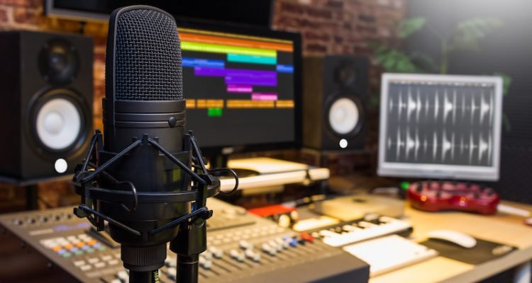 Condenser microphone in digital sound editing and recording studio