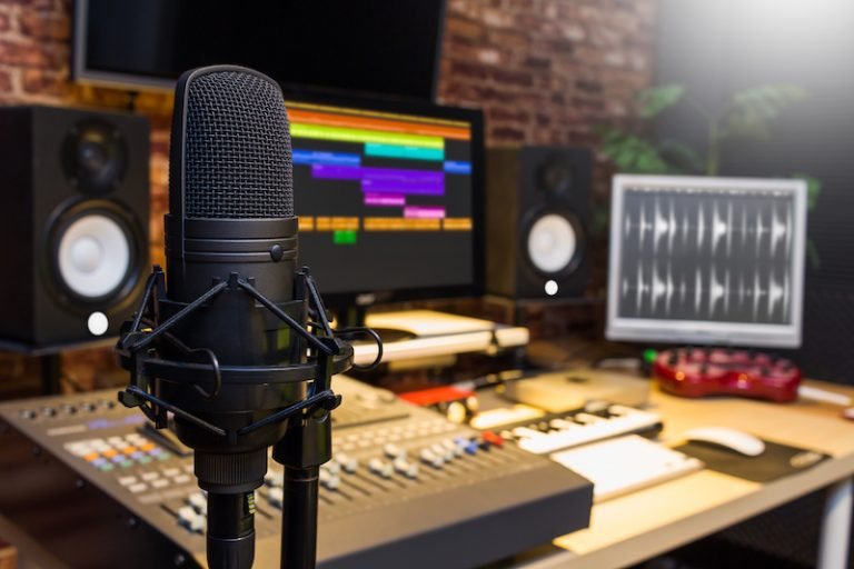 Condenser microphone in digital sound editing and recording studio