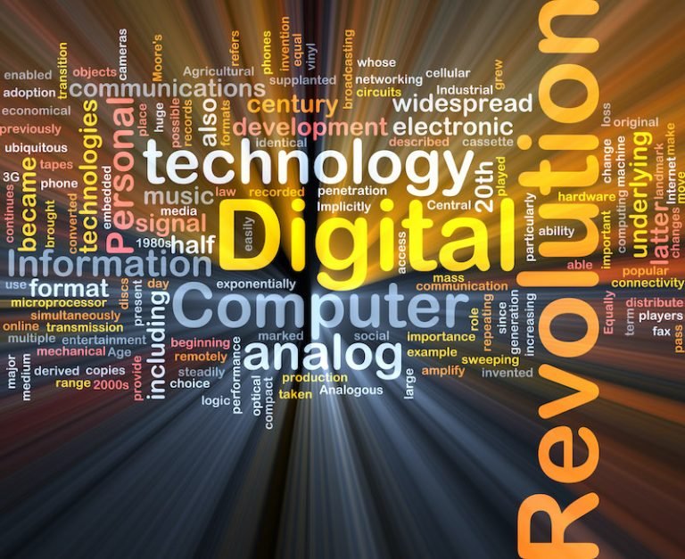Background concept wordcloud illustration of digital revolution glowing light