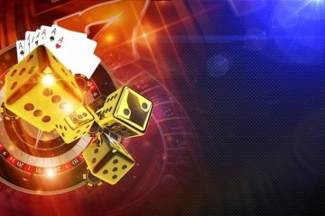 Casino Games of Fortune Conceptual Banner Illustration 3D Rendered. Roulette Wheel, Golden Craps Dices and Other Casino Games Elements.