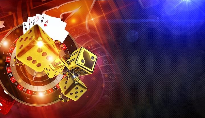 Casino Games of Fortune Conceptual Banner Illustration 3D Rendered. Roulette Wheel, Golden Craps Dices and Other Casino Games Elements.