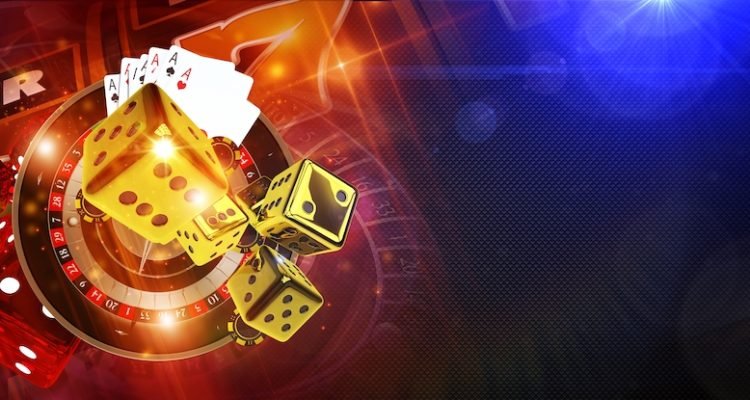Casino Games of Fortune Conceptual Banner Illustration 3D Rendered. Roulette Wheel, Golden Craps Dices and Other Casino Games Elements.