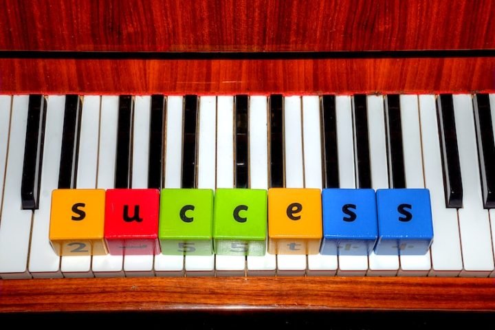 Success in music industry concept: Piano with success word