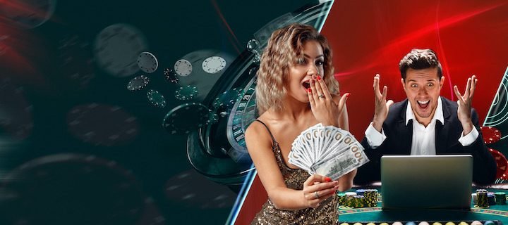 Overjoyed lady in shiny dress holding some cash. Excited man sitting at playing table with chips and laptop on it. They posing on colorful background with roulette and flying money. Poker, casino